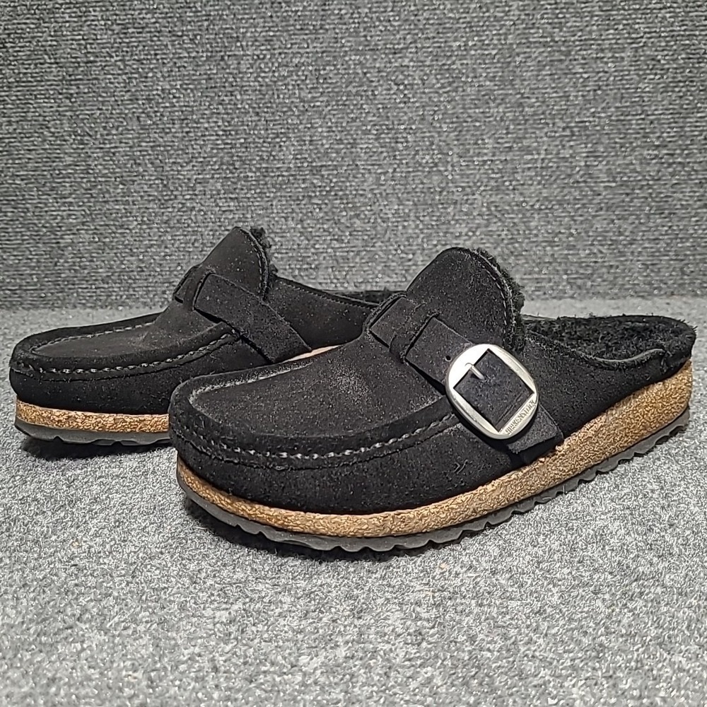 Birkenstock Buckley Black Suede Shearling Slip On Clog Mules Size EU 37/ US 6